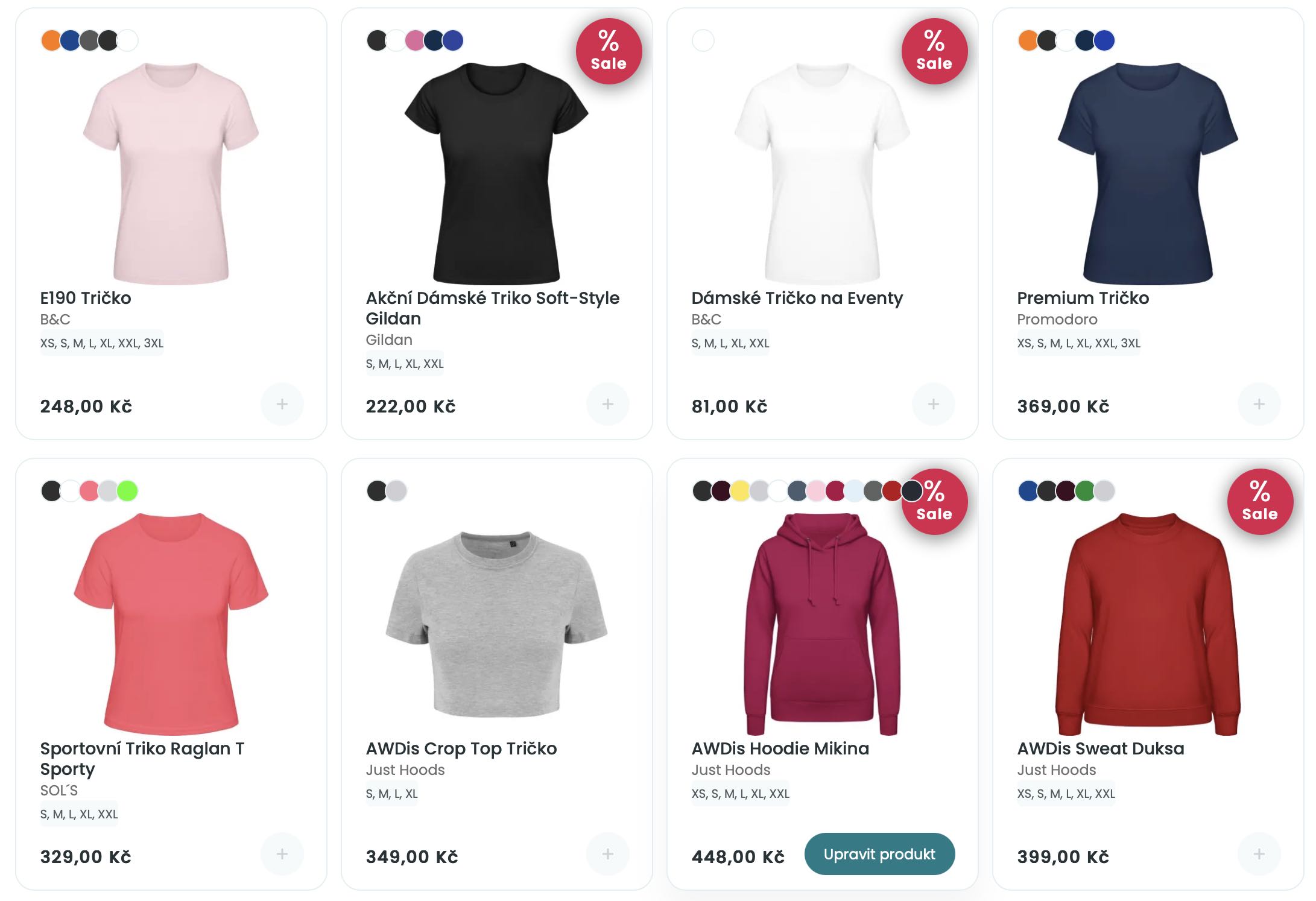 Výběr z nabídky zboží k potisku